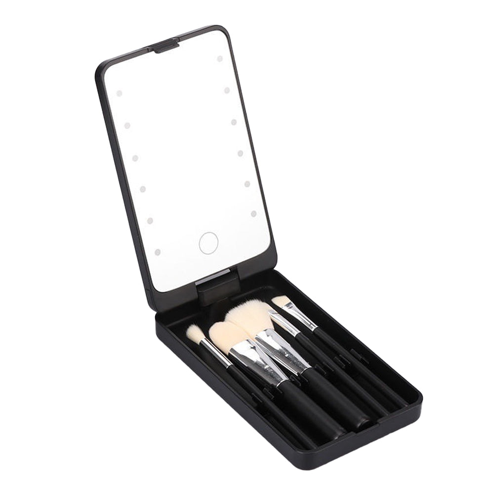 Compact LED Makeup Mirror with Cosmetic Brush and Holder