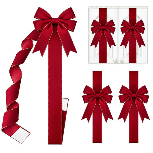 4 Flocked Christmas Bow Cabinet Door Decorations with Hook and Loop