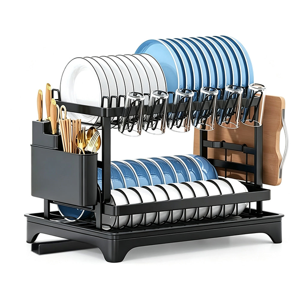 Two-Tier Carbon Steel Dish Drying Rack with Divided Storage