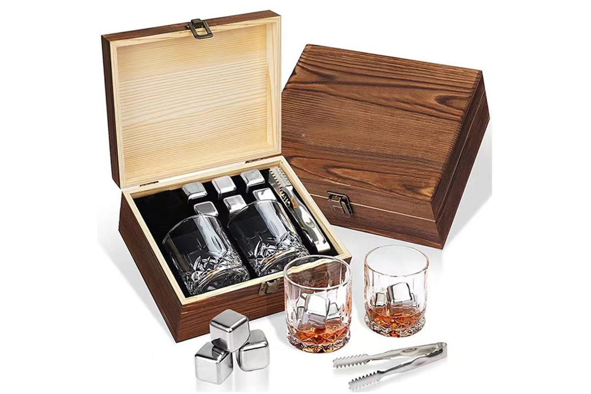 Whiskey Glass Set for Men Stainless Steel Tumblers with Whiskey Stones and Wooden Box