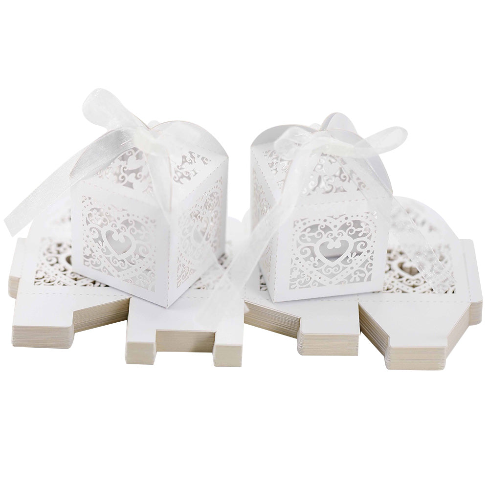 50 Pack Laser Cut Pearl Paper Candy Favor Boxes with Ribbons