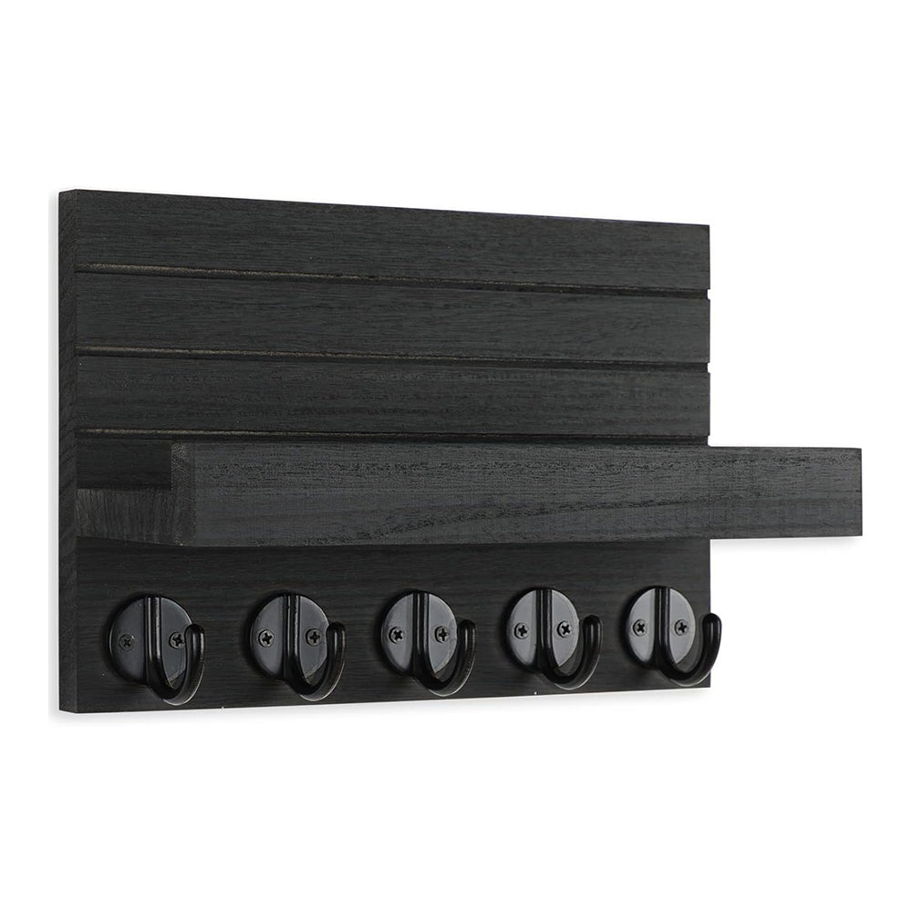 Rustic Wall-Mounted Entryway Organizer - Wooden Mail & Key Holder with Hooks