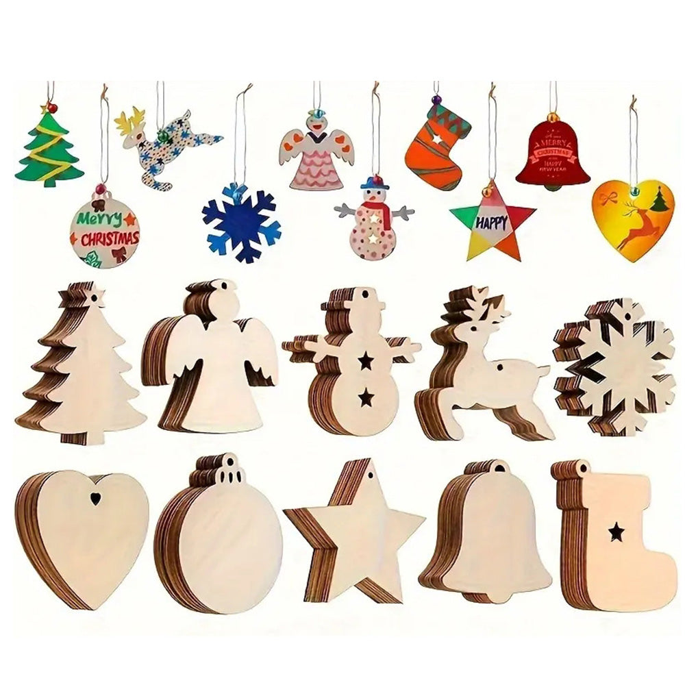 100Pcs Wooden Christmas Tree Decorations Assorted Blank Shapes for Painting