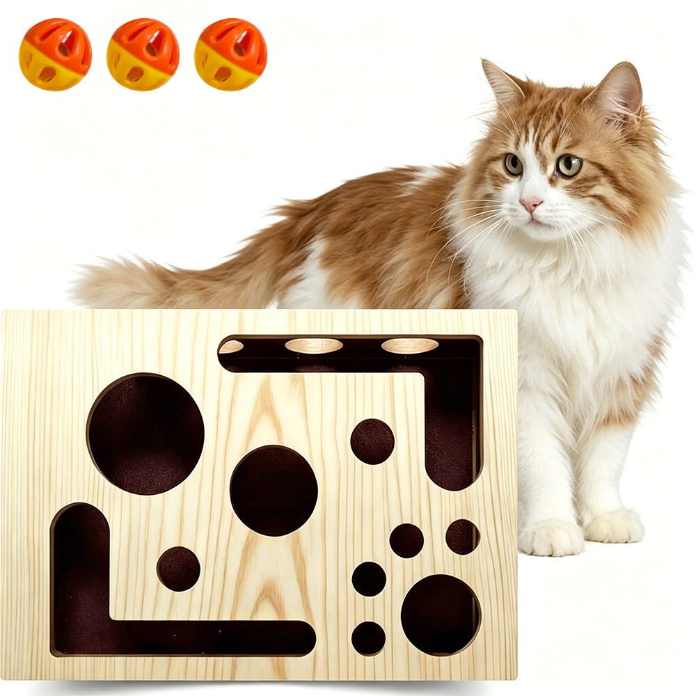 Cat Puzzle Toy Box Wooden Interactive Scratch Maze Toy with Bell Balls for Cats