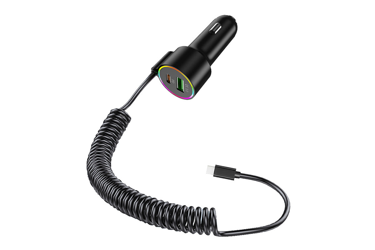 3 In 1 Car Charger With Retractable Coiled Cable USB And Type-C Fast Charging