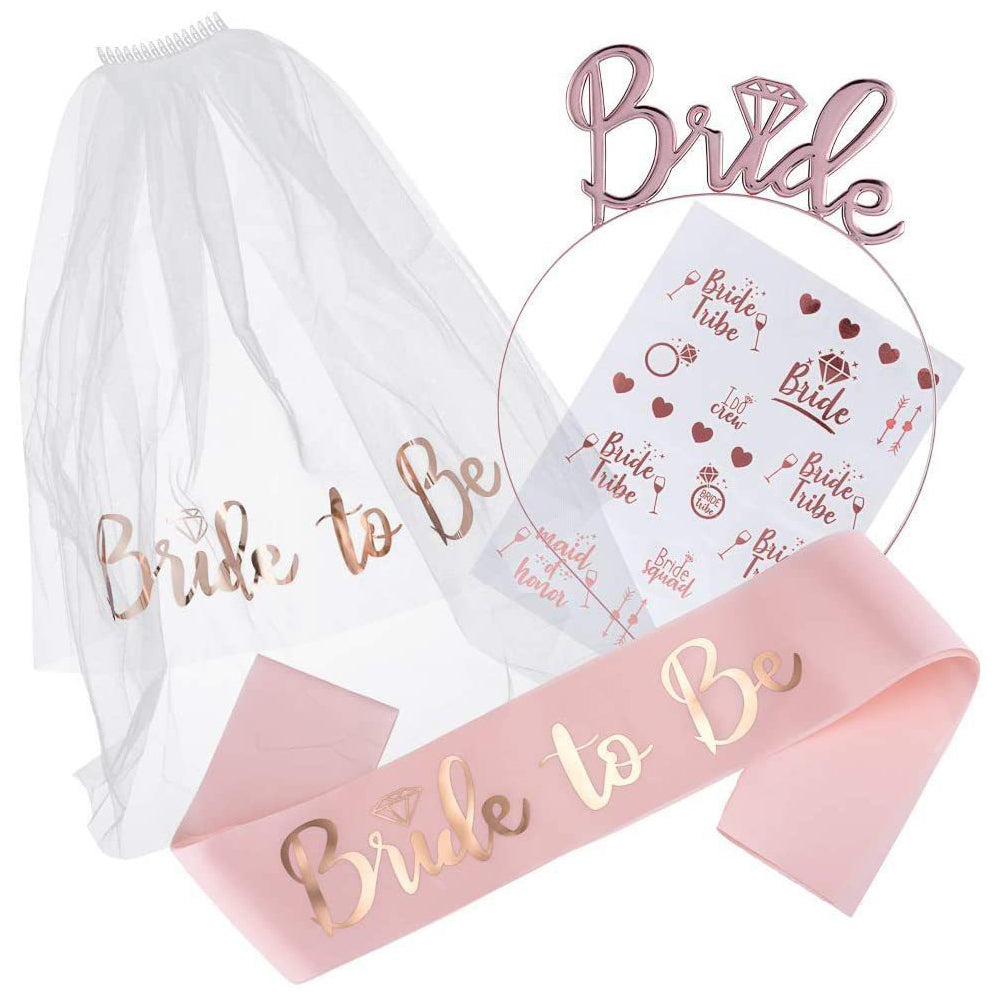 3pcs Bride to Be Sash Headband Tiara Veil Tattoo Bachelorette Bridal Shower Decoration Accessories