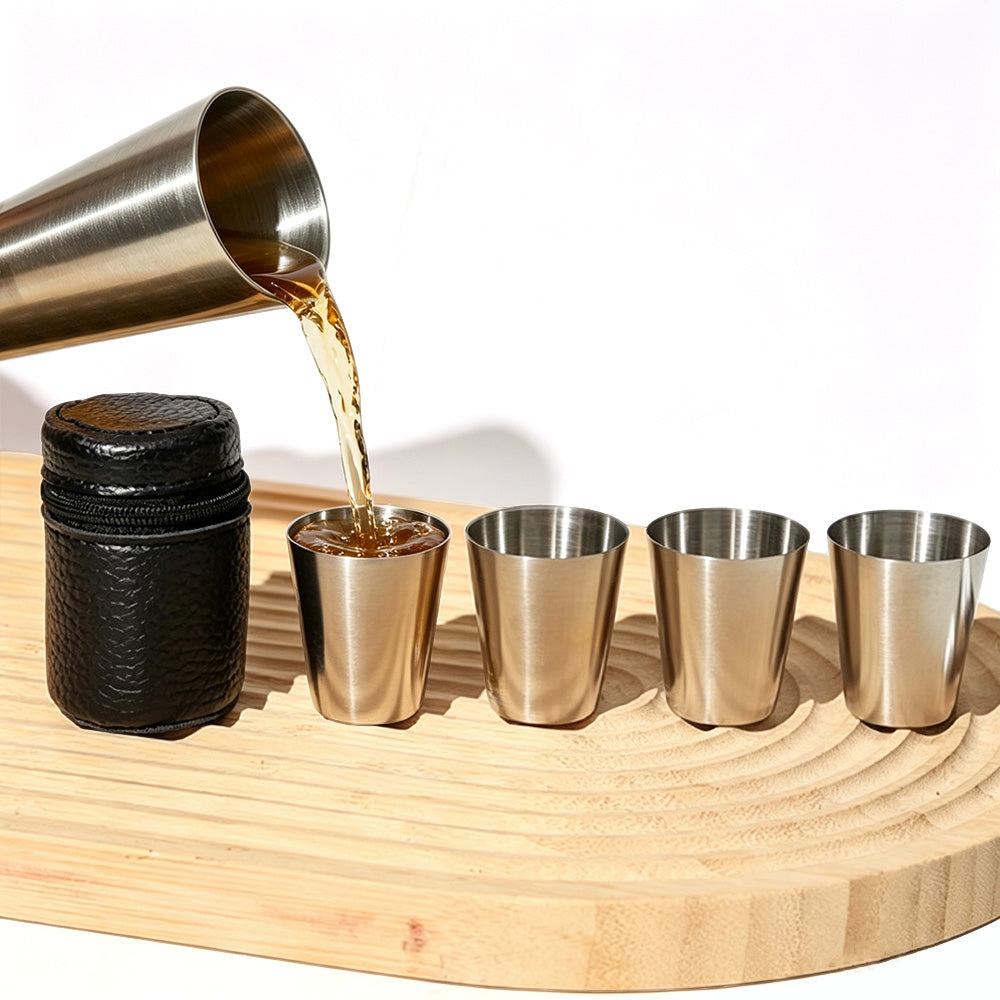 30ml Stainless Steel Shot Cup Set with PU Carry Pouch for Travel