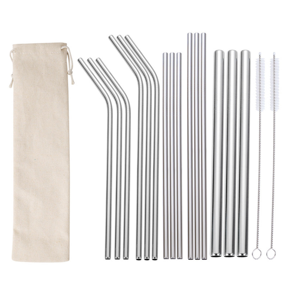 17Pcs Reusable Stainless Steel Straws Set with Cleaning Brushes and Pouch