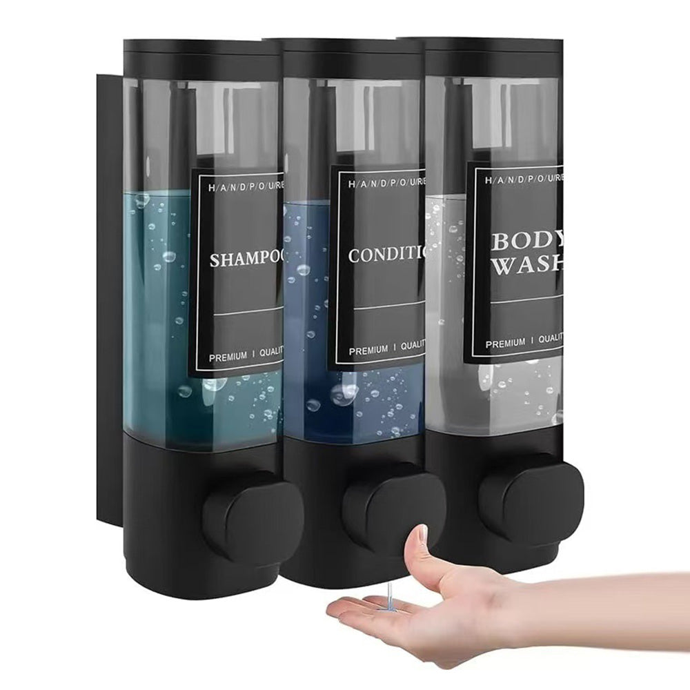 No-Drill Wall-Mounted Triple Soap Dispenser for Bathroom Shampoo Conditioner & Body Wash