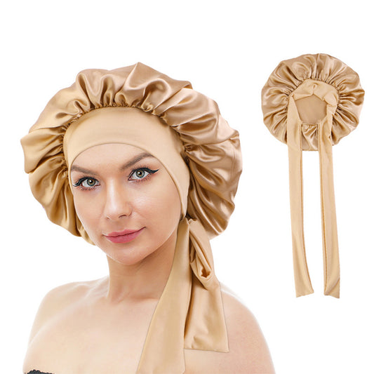 Solid Colour Women Satin Sleeping Cap Wrap Hair Bonnet Elastic Headwear