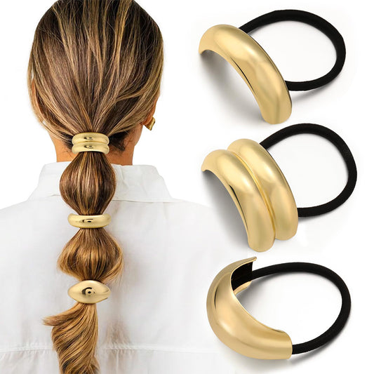 3Pcs Metal Gold Hair Ties with Geometric Design Stretchy Ponytail Cuff Holders