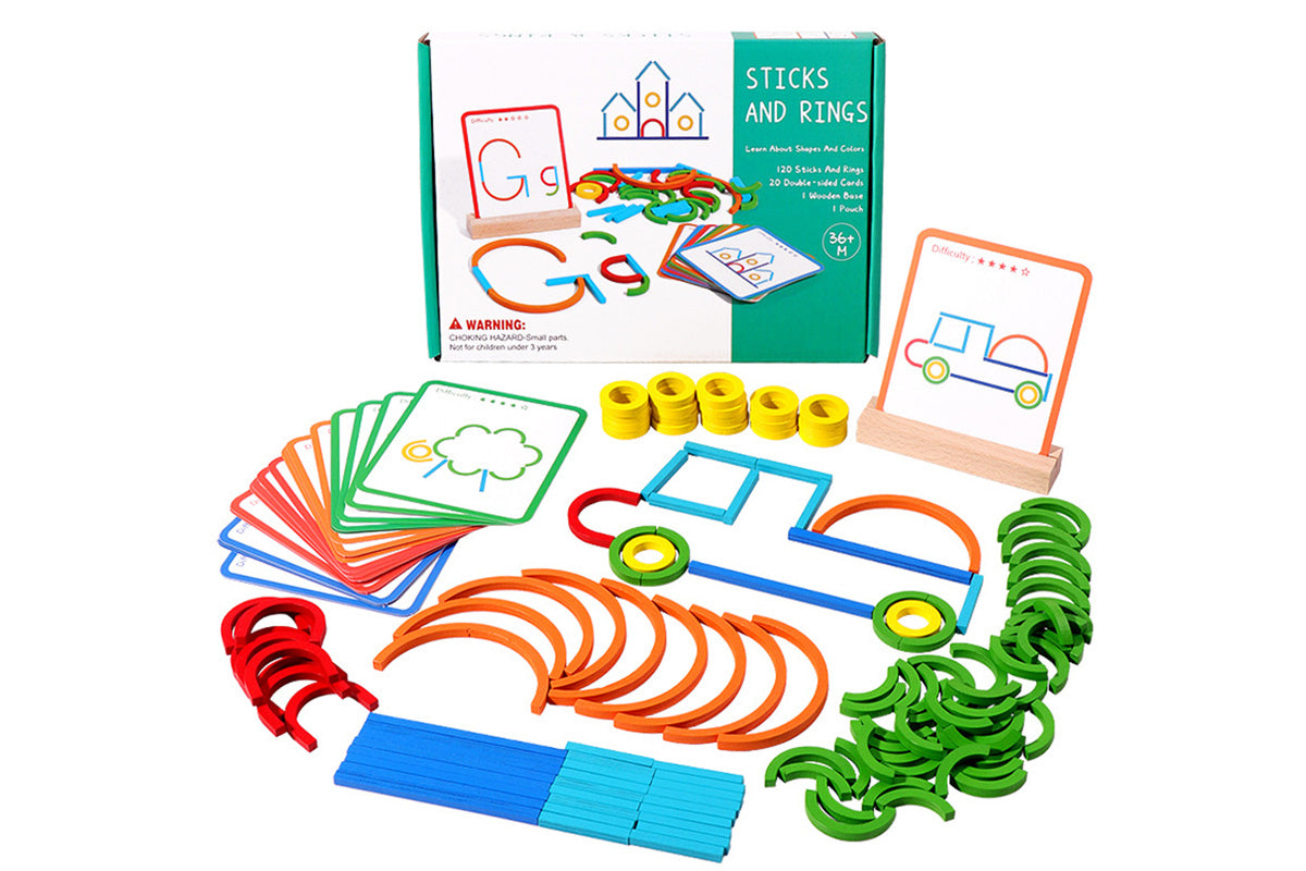 142Pcs Wooden Pattern Blocks Set with Sticks and Rings Brain Teaser Toys