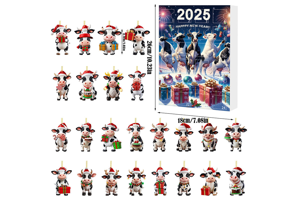 2025 Christmas Cow Advent Calendar Blind Box 24 Days Ornaments Set for Tree