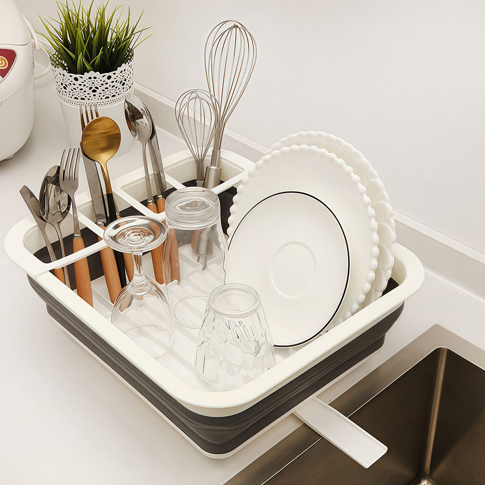 Foldable Dish Drying Rack with Utensil Holder Collapsible Kitchen Sink Organizer