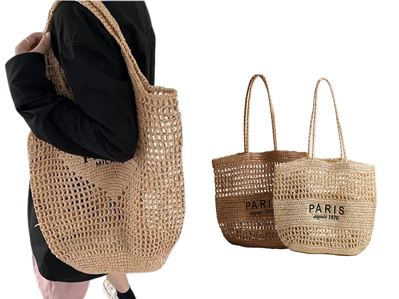 Women's Paper Woven Mesh Hollow Tote Shoulder Bag