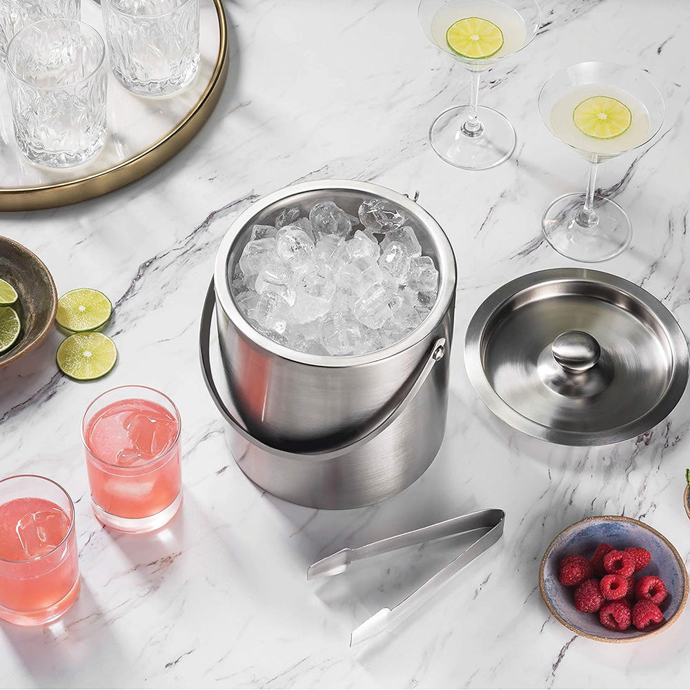 2L Ice Bucket with Tong and Lid Insulated Double Walled Stainless Steel Cooler with Strainer