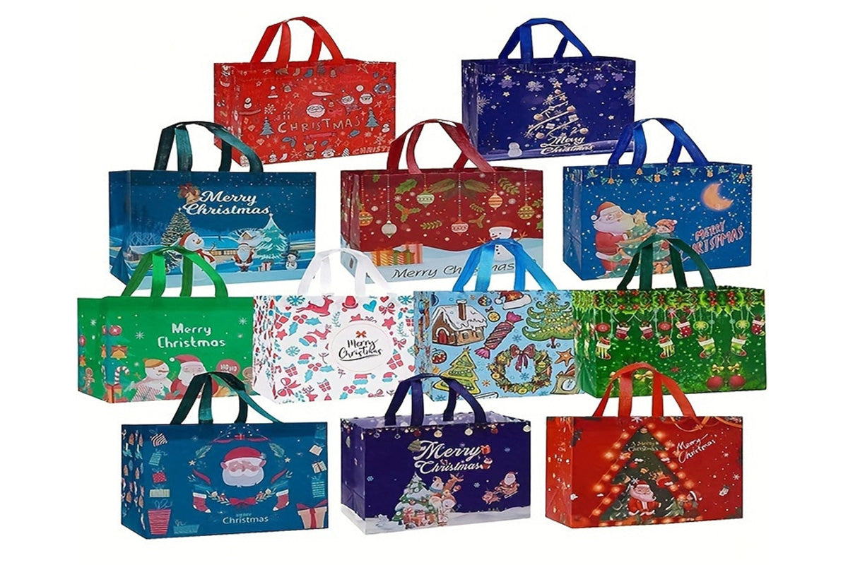 12PCS Christmas Gift Bags Large Reusable Christmas Tote Bags For New Year Party Supplies