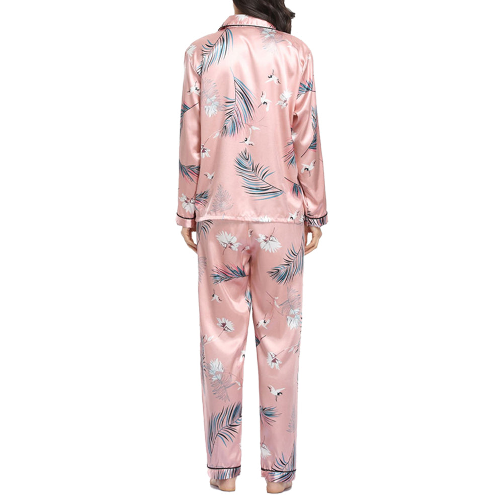 Print Satin Pyjamas Set-Leaves