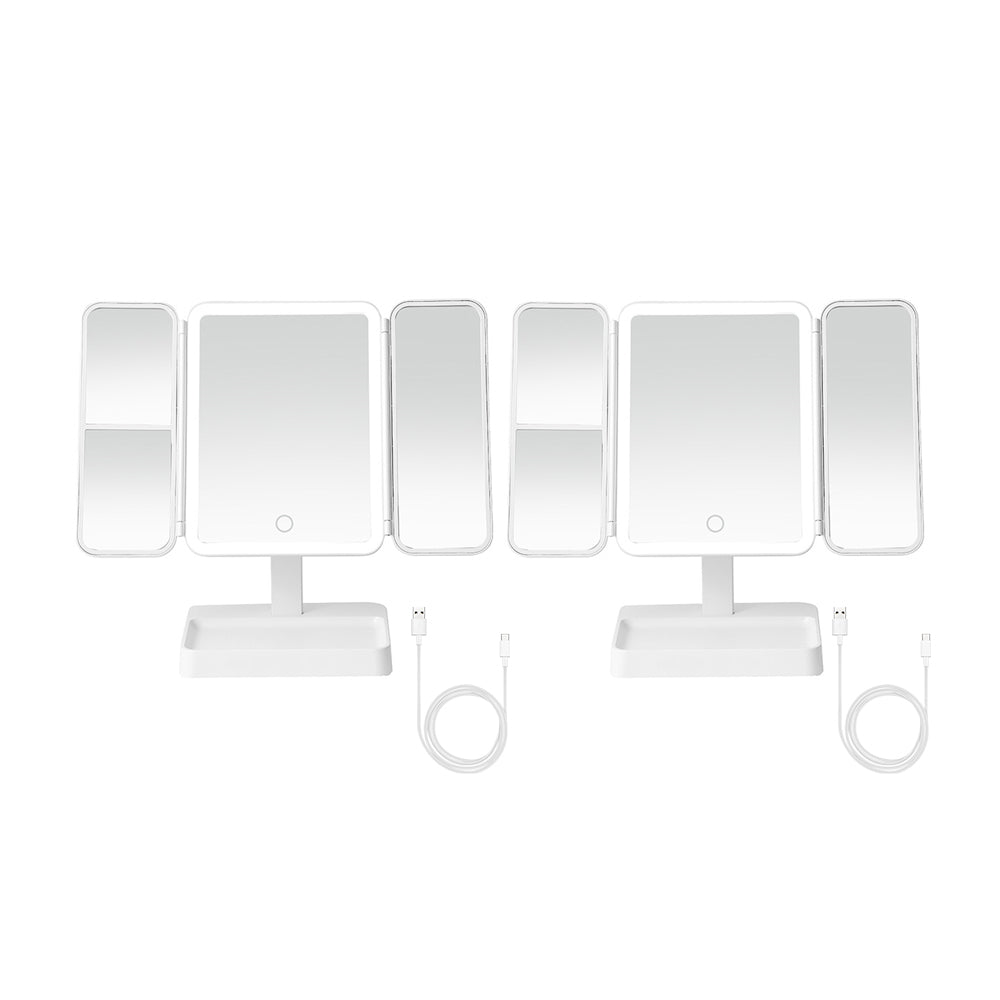2Pcs Tri-Fold Standing LED Makeup Mirror with 2X 3X Magnification