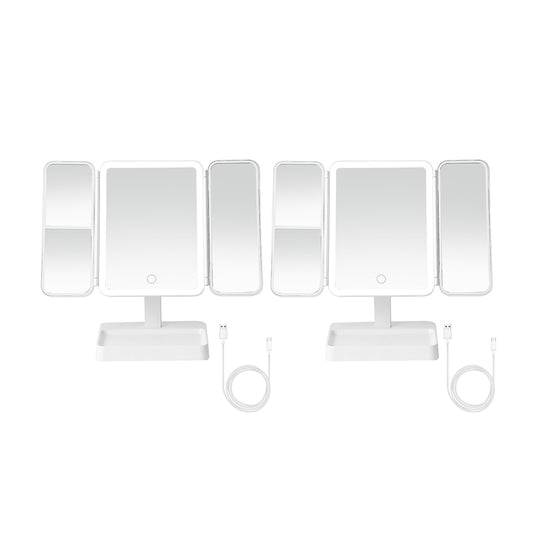 2Pcs Tri-Fold Standing LED Makeup Mirror with 2X 3X Magnification