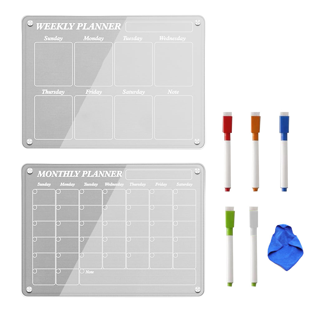 2Pcs 40x30cm Acrylic Magnetic Calendar for Fridge 5 Colorful Markers 1 Cleaning Cloth