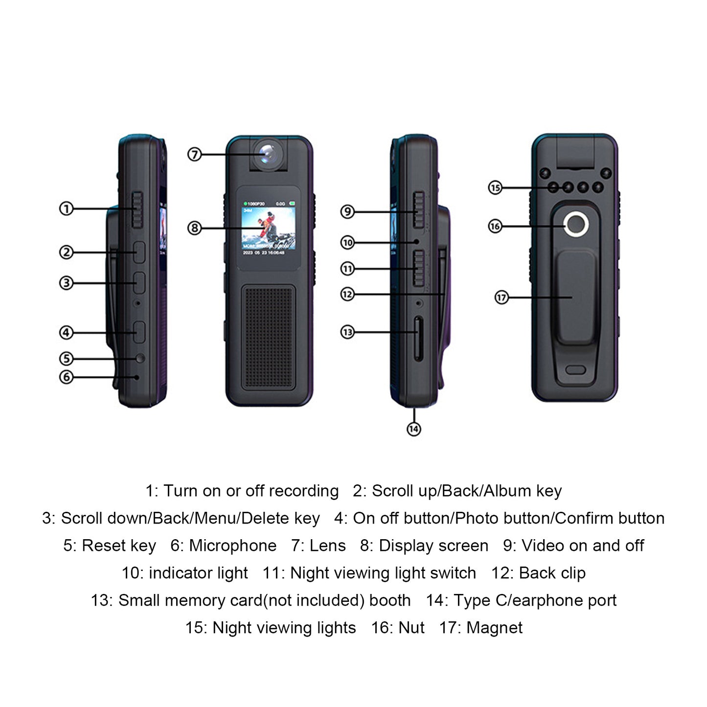 1080P Night Vision Wide Angle Clip-on Camera Recording Device for Outdoor Riding Meeting
