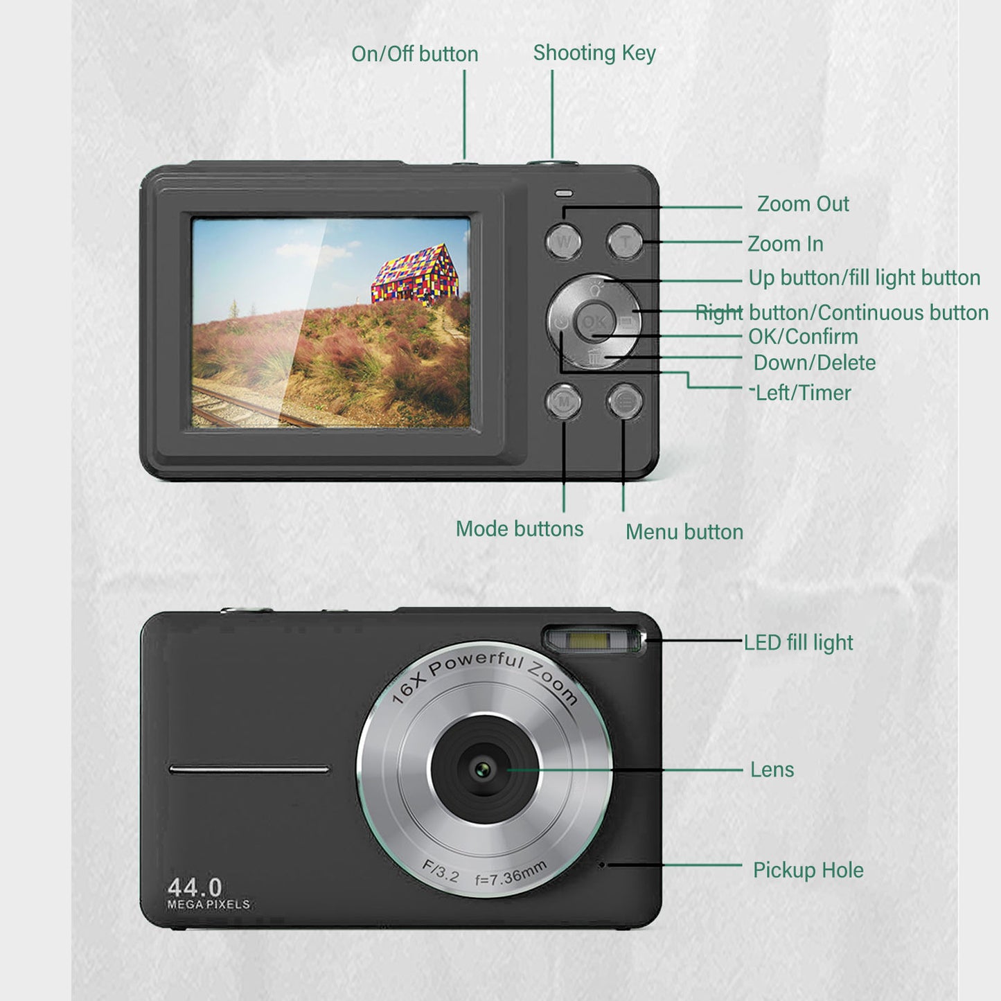 44MP 1080P HD Digital Camera 16X Zoom Auto Focus 2.5 Inch IPS Display Anti Shake