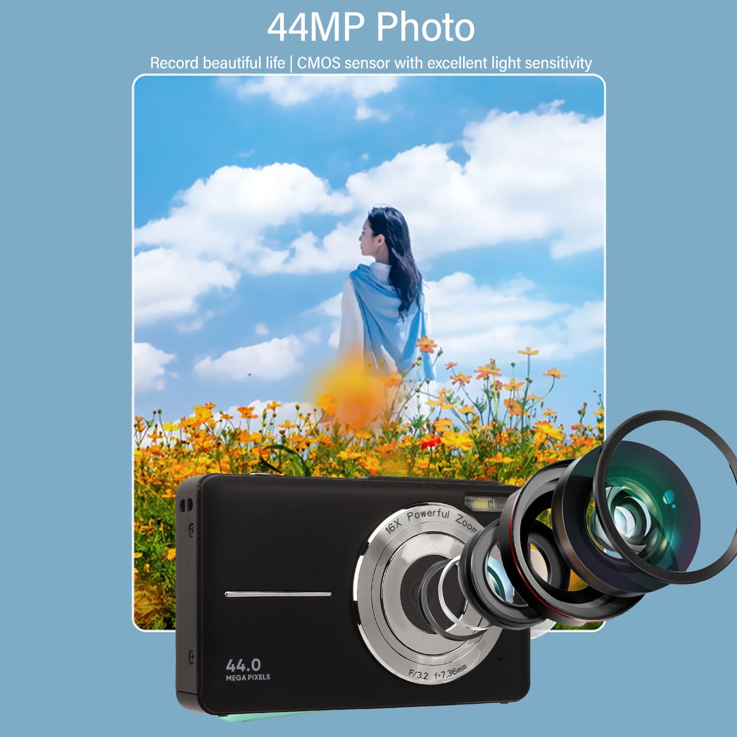 44MP 1080P HD Digital Camera 16X Zoom Auto Focus 2.5 Inch IPS Display Anti Shake