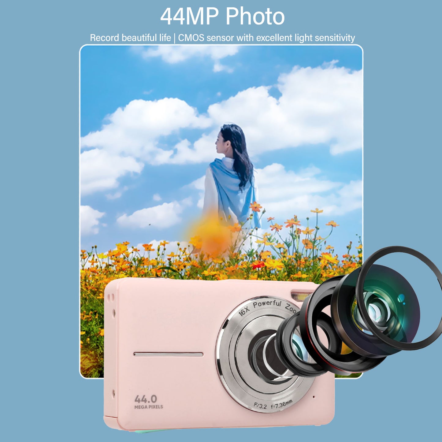 44MP 1080P HD Digital Camera 16X Zoom Auto Focus 2.5 Inch IPS Display Anti Shake