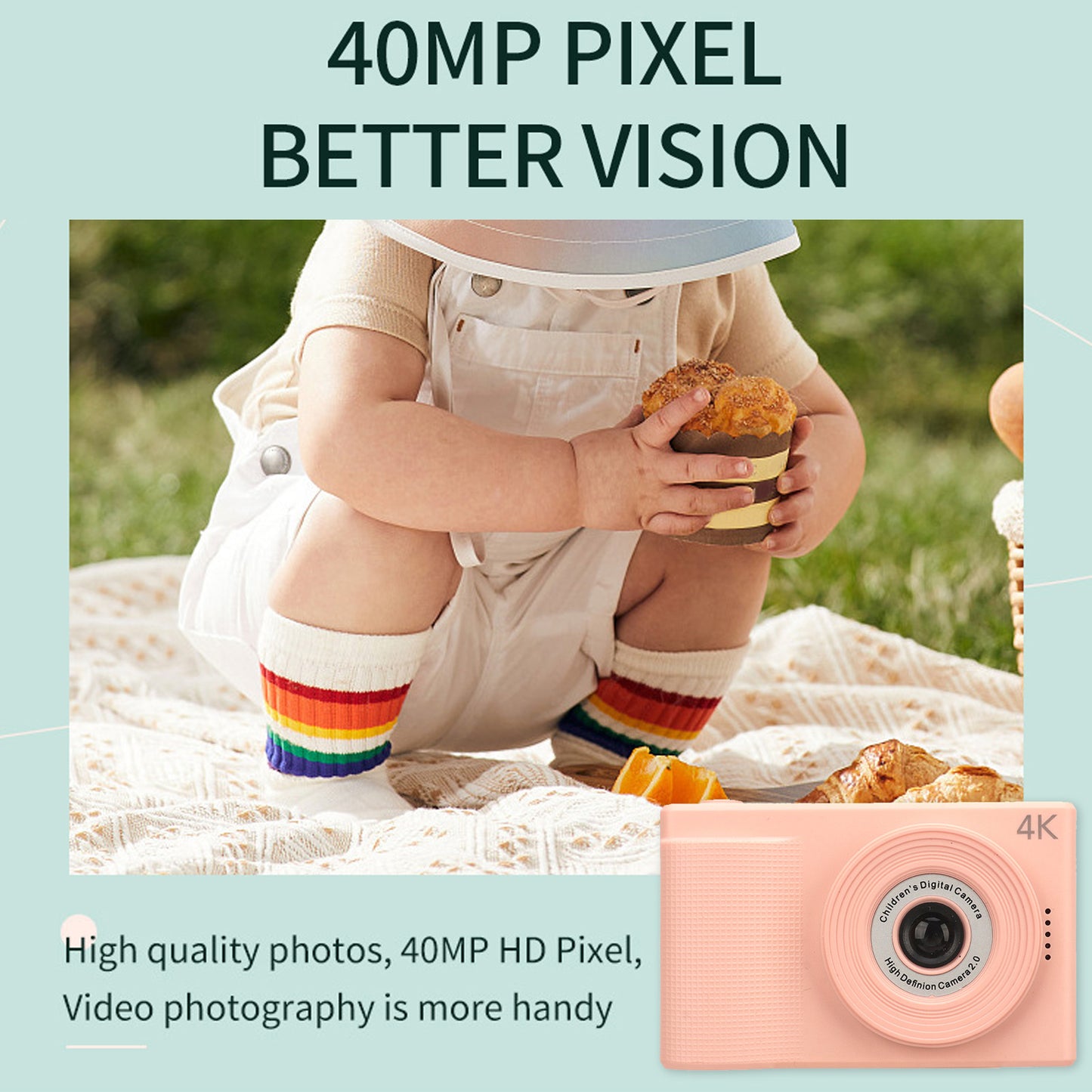 Kids 1080P Rechargeable Digital Camera Dual Lens 40MP Video Camera with 8X Digital Zoom IPS Screen with 32G Memory Card