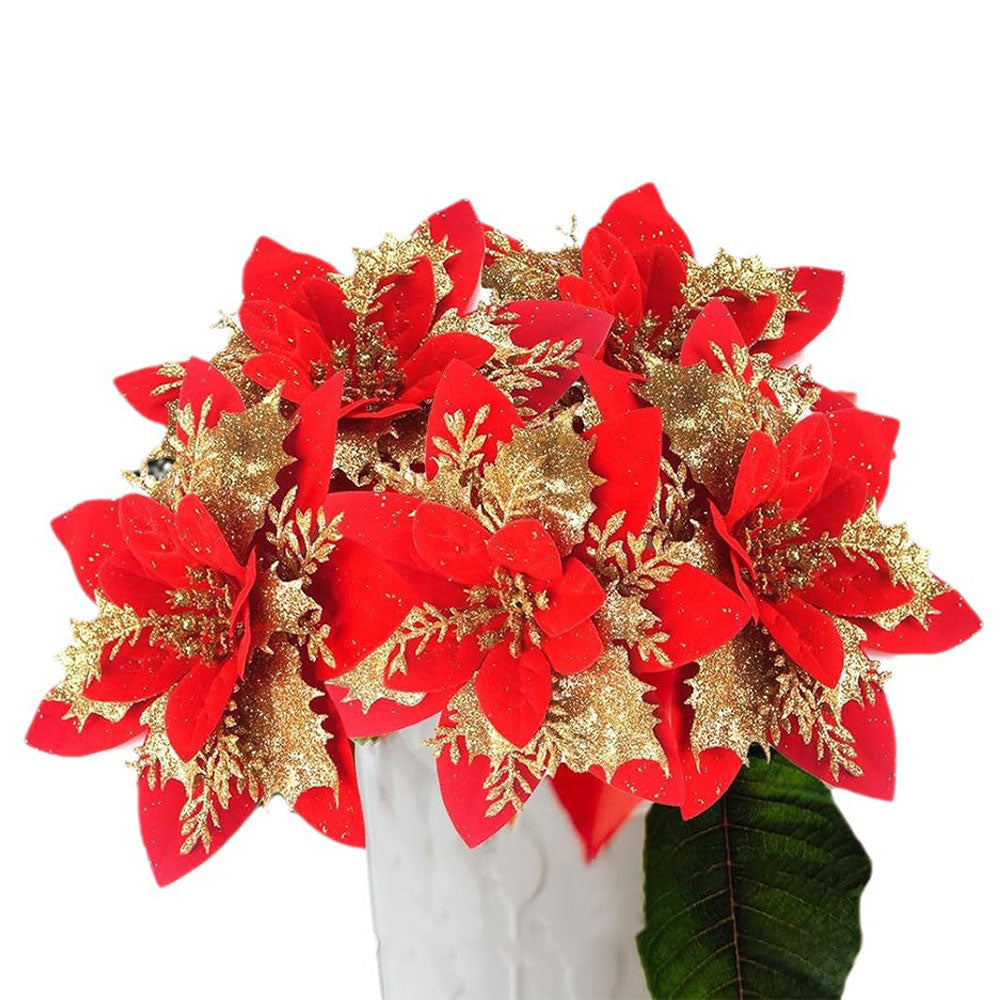 12Pcs Christmas Glitter Poinsettia Artificial Flower with Clip and Stem