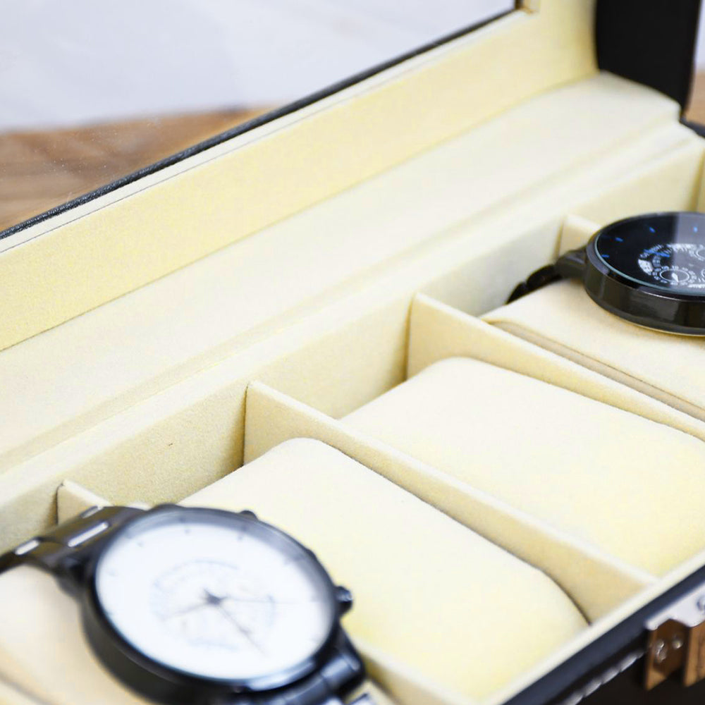 6/10/12 Grids PU Leather Watch Box Organizer Display Case with Lock
