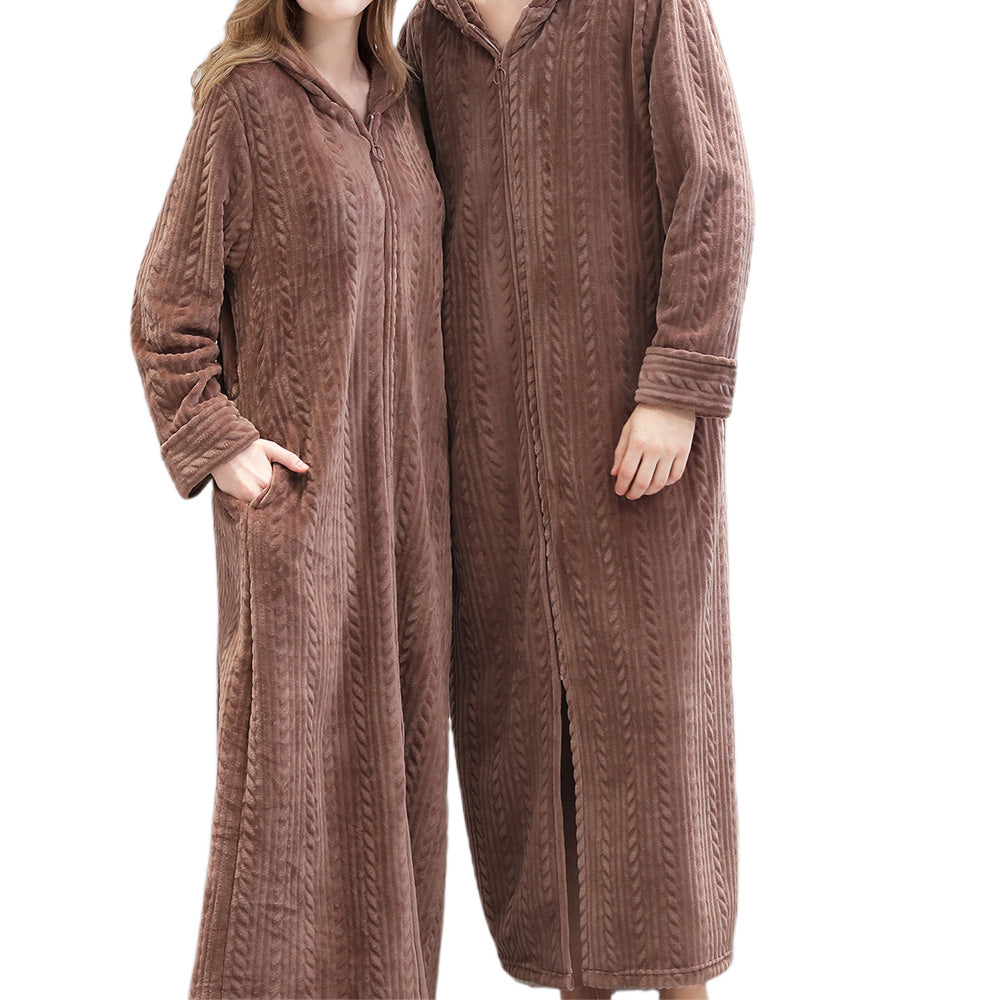 Unisex Long Hooded Zipper Bathrobe Fleece Robes Winter Warm Nightgown Sleepwear Pyjamas-Coffee