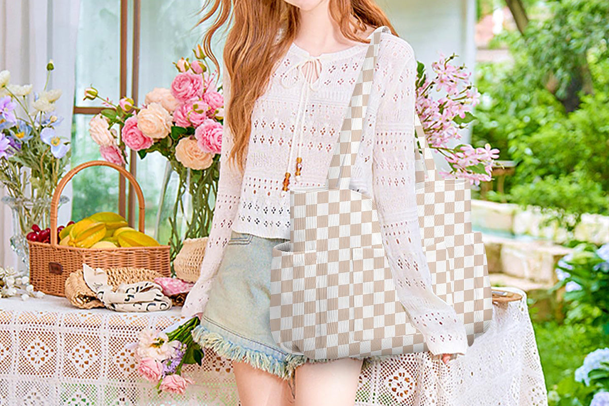 Corduroy Tote Bag with Side Water Bottle Pockets Large Shoulder Bag Casual Handbag