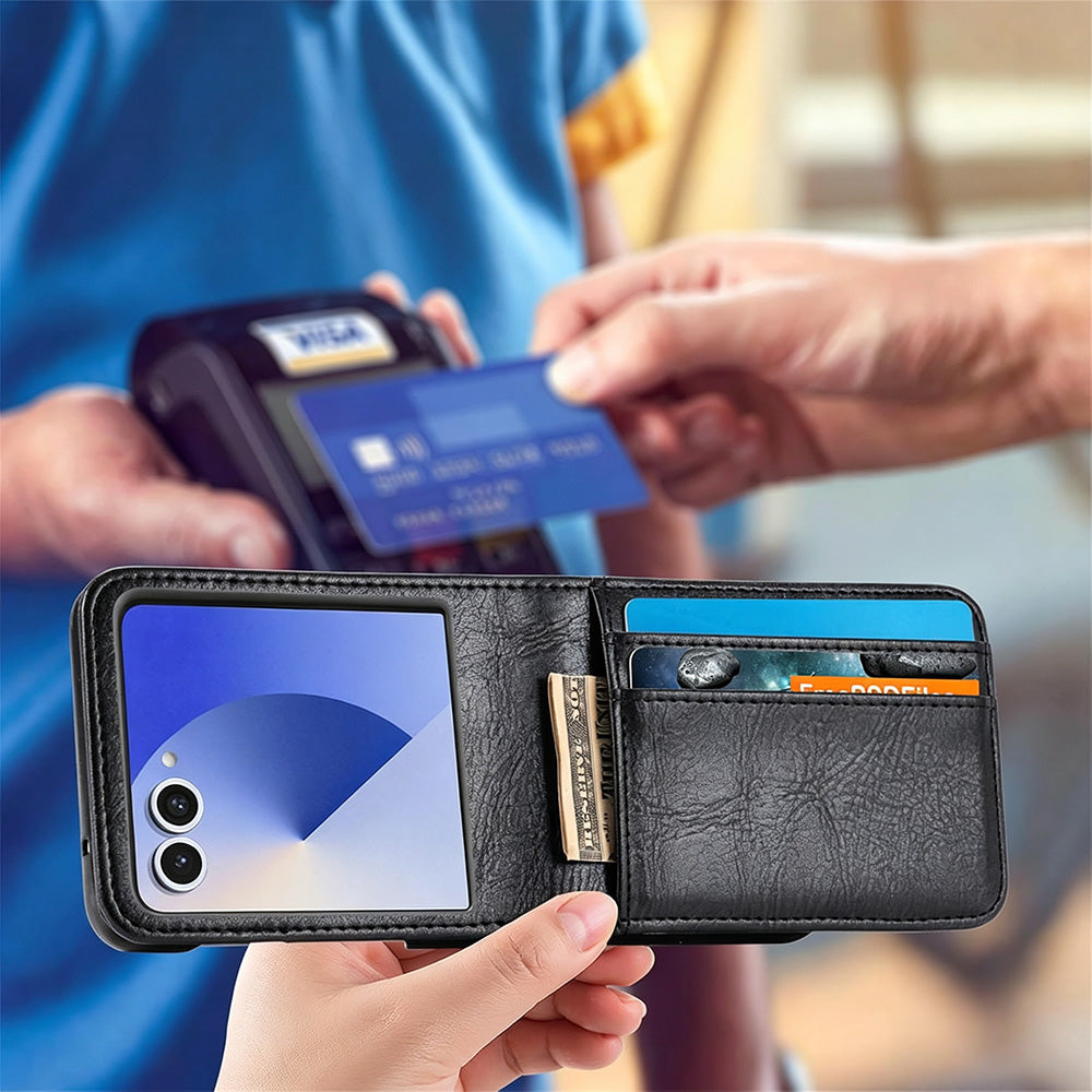 PU Wallet Card Holder Case for Samsung Galaxy Z Flip 6 7 8 with Stand-Black
