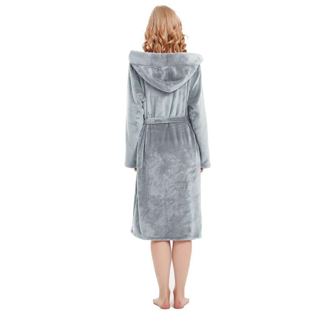 Women Robe Hood Flannel Fleece Full Length Bathrobe Shower Nightgown-Grey