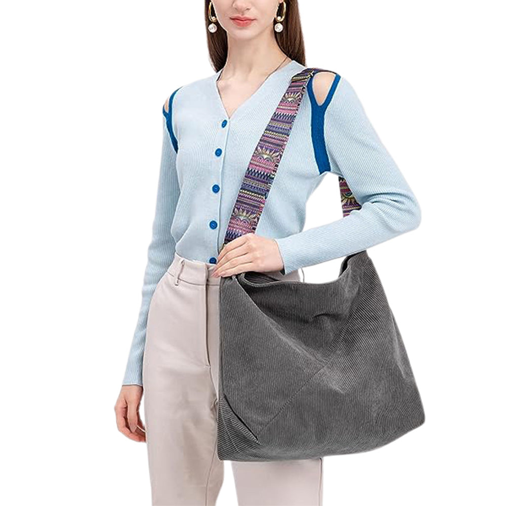 Large Capacity Corduroy Tote Bag with Adjustable Strap for Women