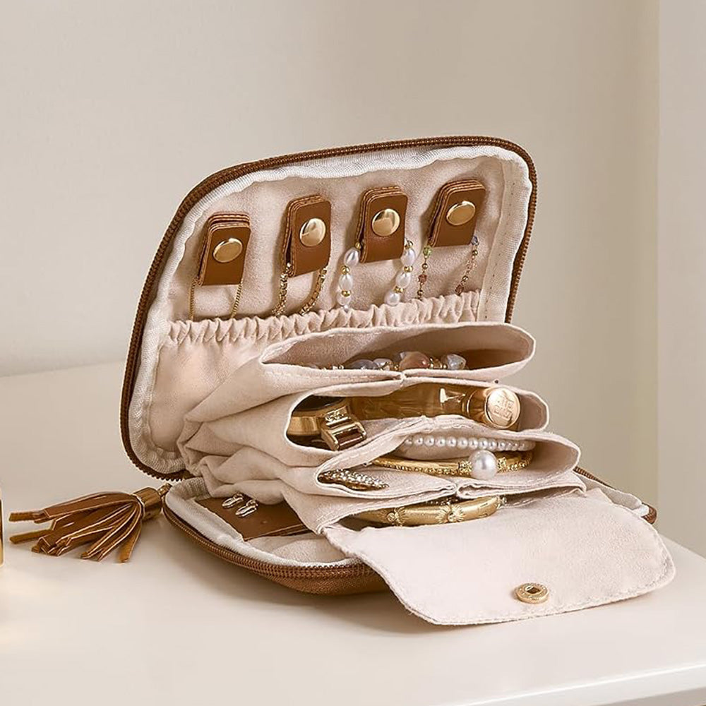 PU Multi Compartment Travel Jewelry Organizer Bag with Velvet Lining