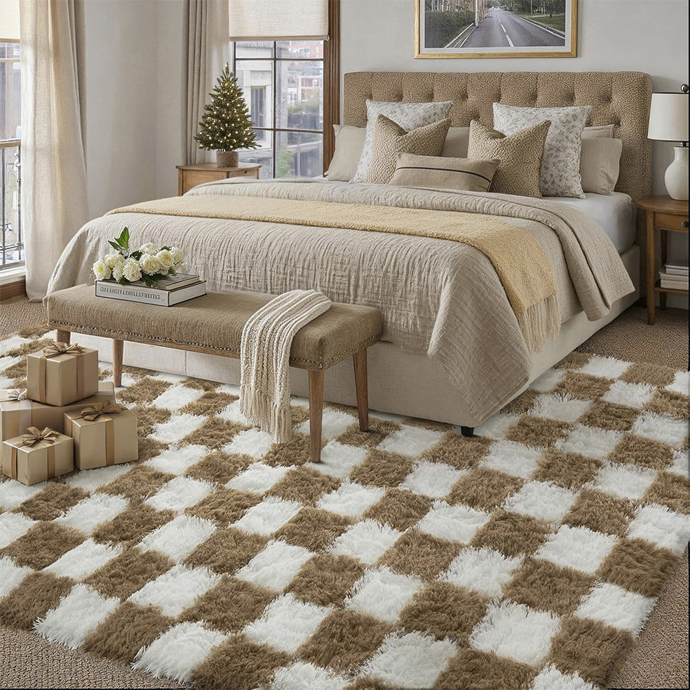 Soft Plush Shaggy Rug Checkered Thickened Non Slip Carpet for Living Room Bedroom