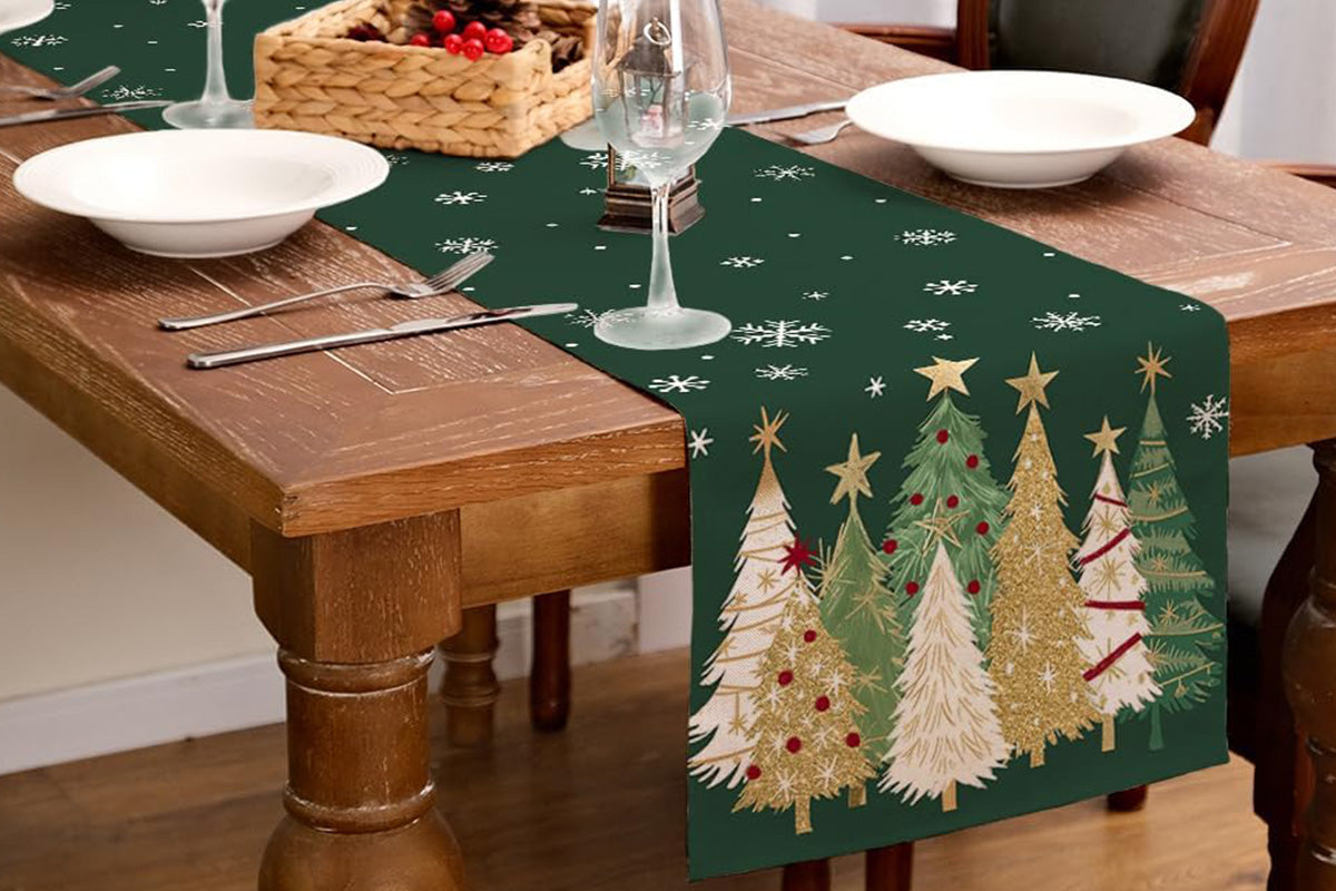 Christmas Table Runner Xmas Trees Tablecloth Cover For Kitchen Dinner Party