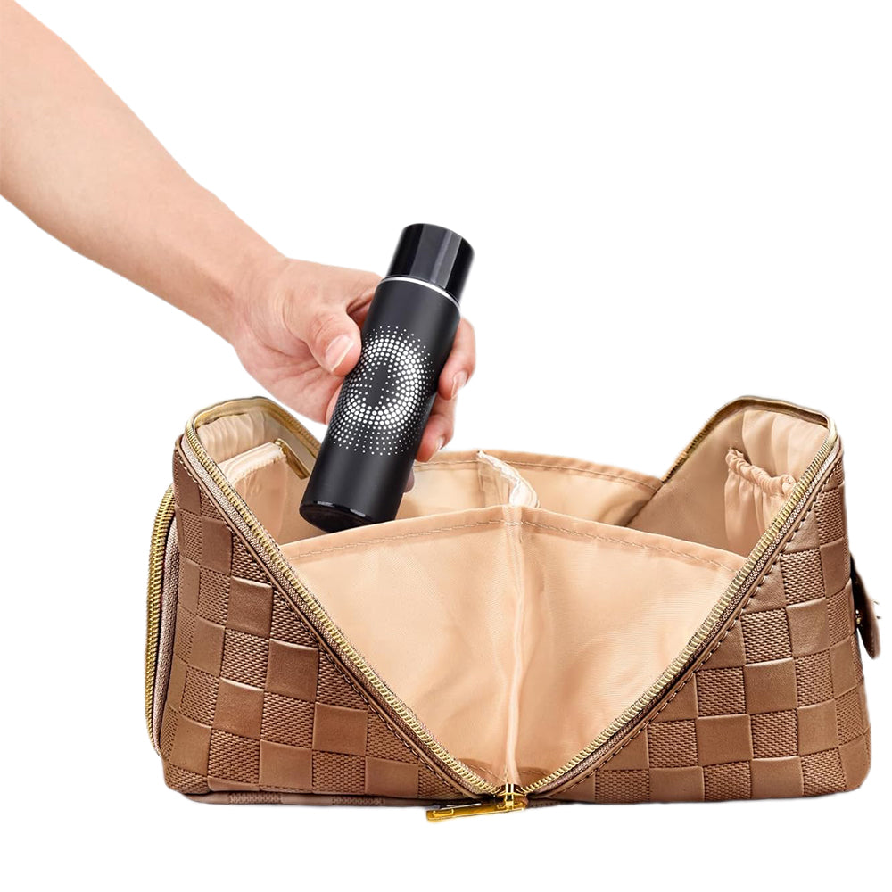 Large Capacity PU Leather Water-Resistant Checkered Cosmetic Bag Travel Makeup Bag