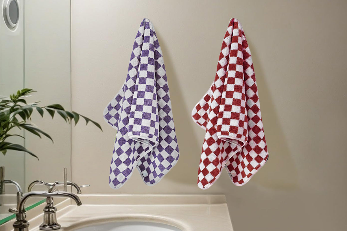 4 Piece Checkered Coral Fleece Towel Set Bath Face Towels