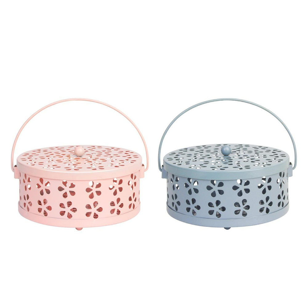 2X 14cm Metal Mosquito Coil and Incense Holder with Lid Floral Cutout Design