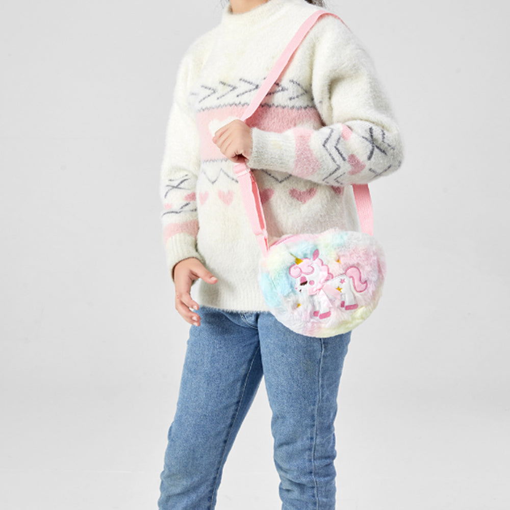 2Pcs Girls Cute Plush Heart Unicorn Embroidery Zipper Crossbody Bag