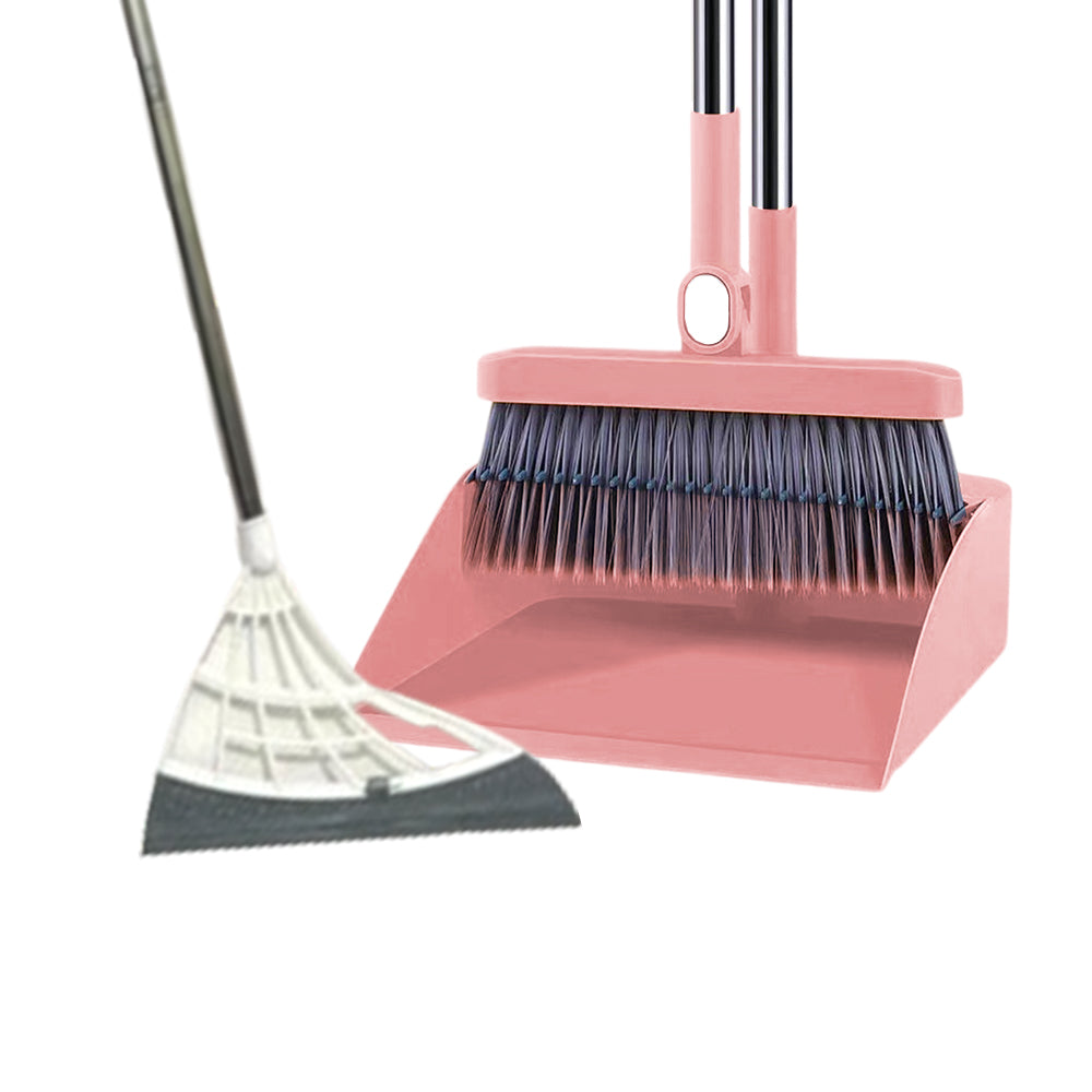 3Pcs Set of Plastic Broom with Foldable Standing Dustpan and Scraper Broom