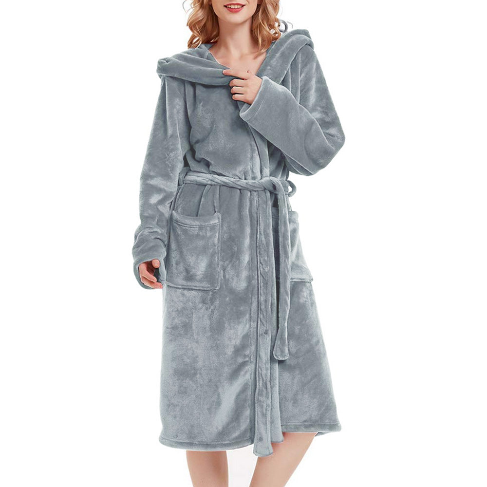 Women Robe Hood Flannel Fleece Full Length Bathrobe Shower Nightgown-Grey
