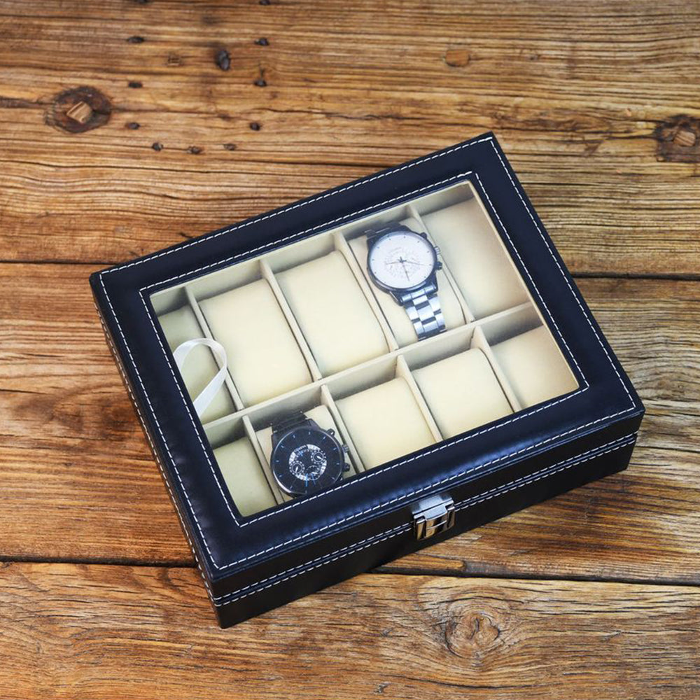 6/10/12 Grids PU Leather Watch Box Organizer Display Case with Lock