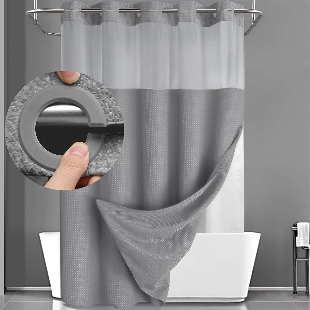 No Hook Shower Curtain with Snap-in Liner and See Through Top Window