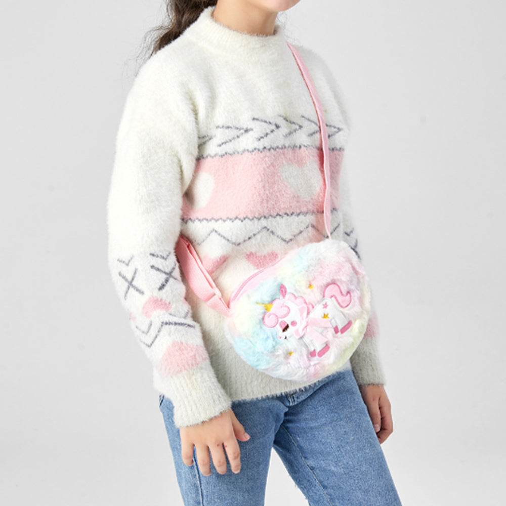 2Pcs Girls Cute Plush Heart Unicorn Embroidery Zipper Crossbody Bag
