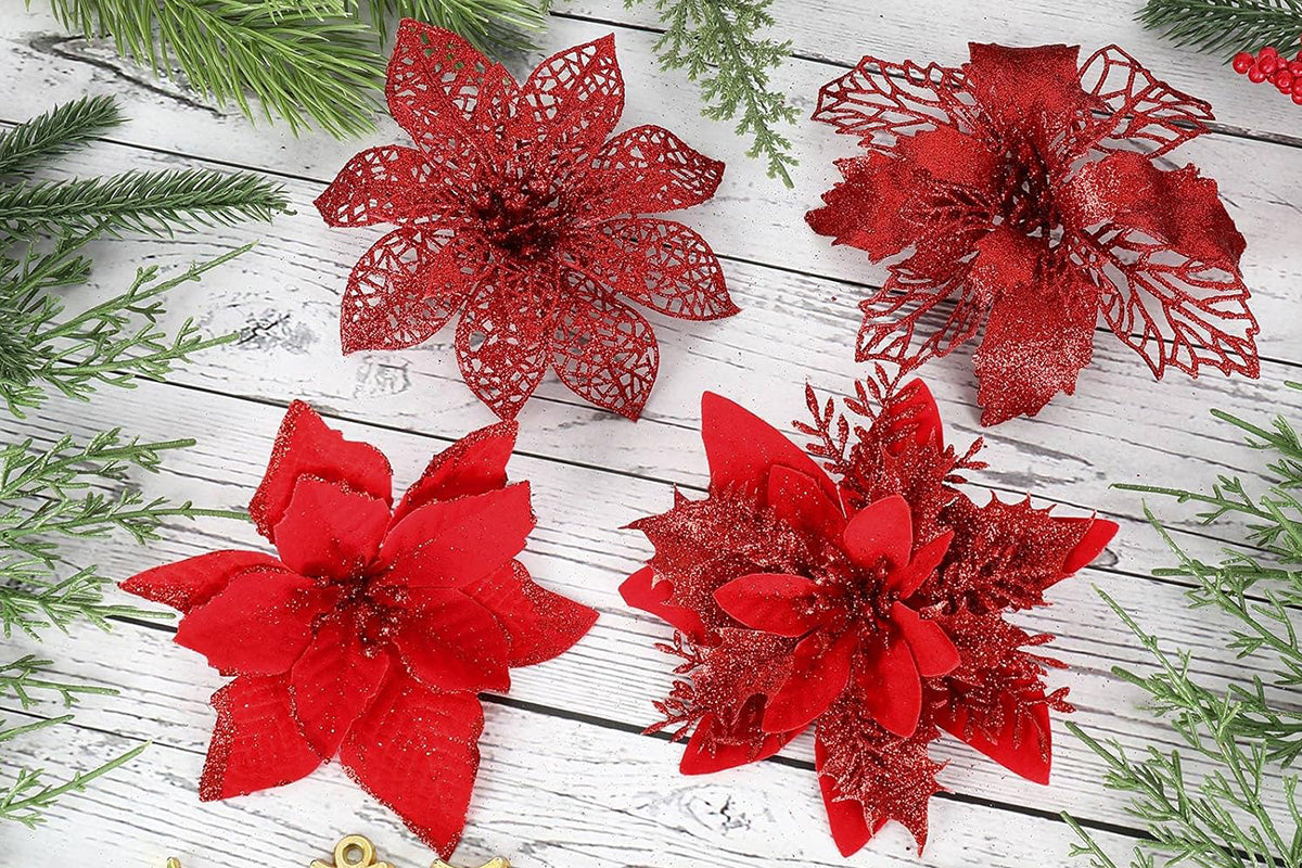 24Pcs Artificial Flowers Christmas Tree Decorations for Wreath Fireplace Stairs